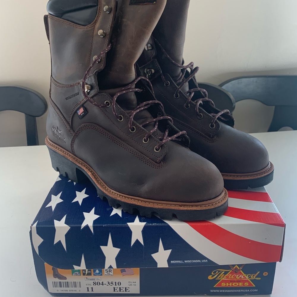 Thorogood Logger, waterproof, safety toe, lace up boots.